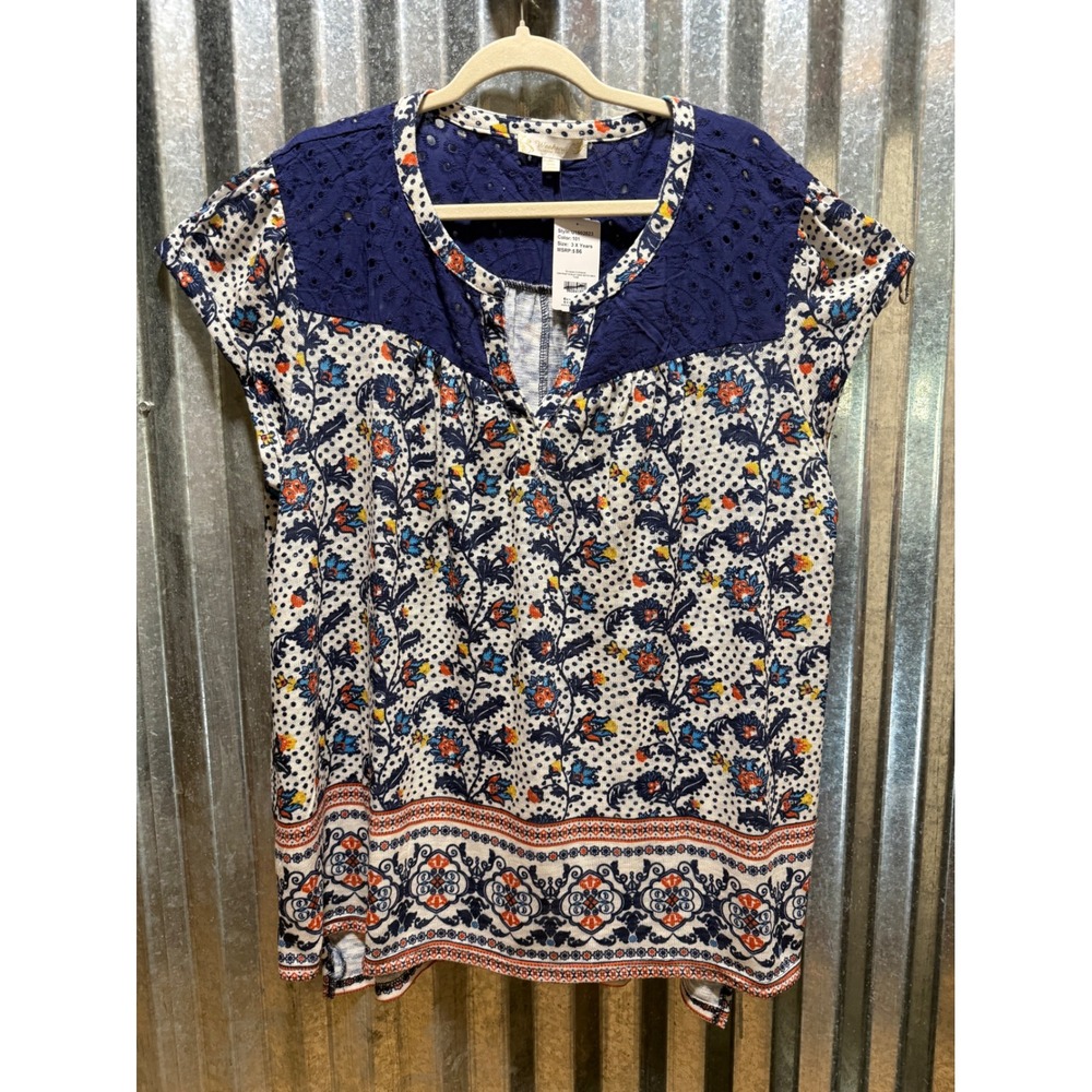 Weekend Suzanne Betro Floral Eyelet Yoke Notch Neck Tunic Top 3X Navy U1502823